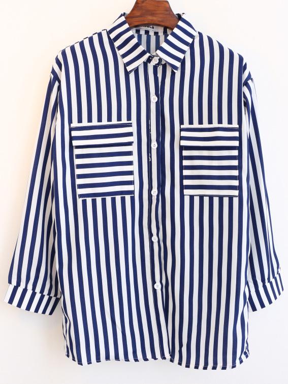 Romwe Lapel With Pockets Vertical Striped Chiffon Blouse
