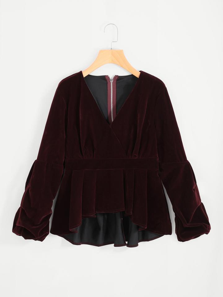 Romwe Gathered Sleeve Ruffle Dip Hem Surplice Velvet Top
