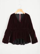 Romwe Gathered Sleeve Ruffle Dip Hem Surplice Velvet Top