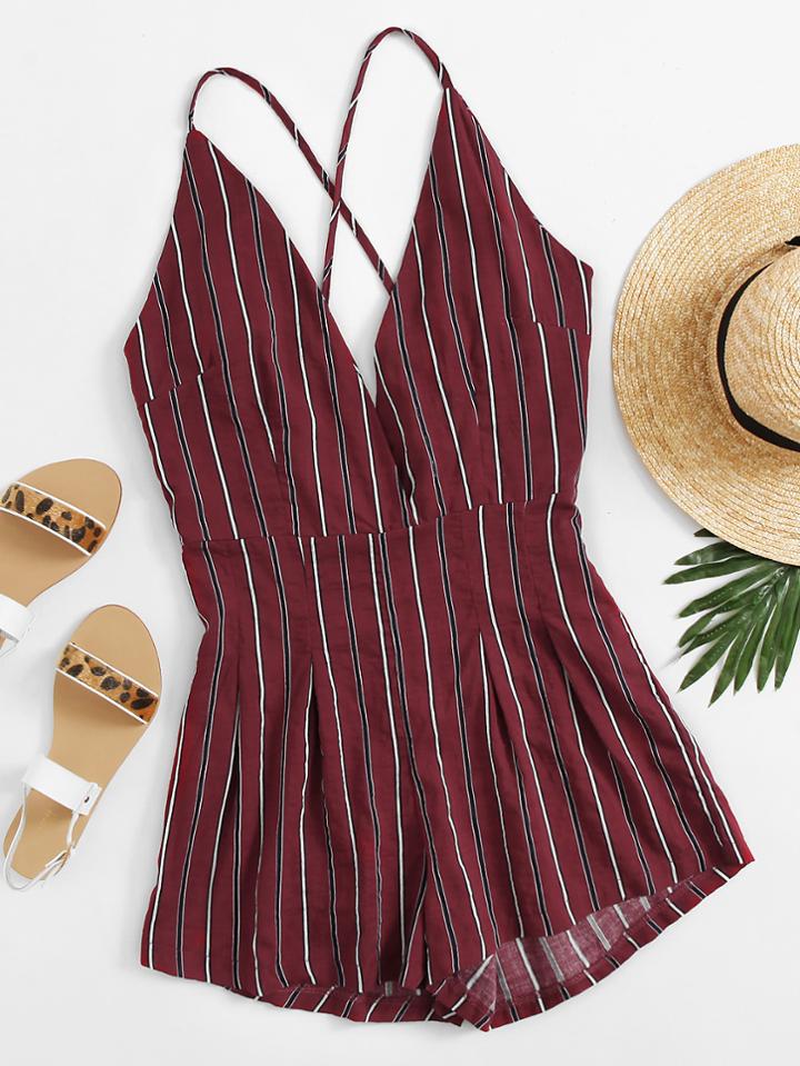 Romwe Plunging Crisscross Back Vertical Striped Romper