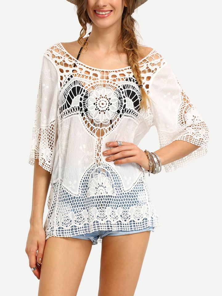 Romwe Hollow Out Crochet Insert Blouse