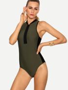 Romwe Zip Front One-piece Swimwear - Olive Green