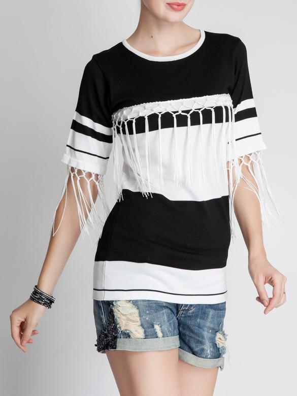 Romwe Color-block Striped Fringe Knitwear
