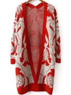 Romwe Abstract Print Fuzzy Red Coat
