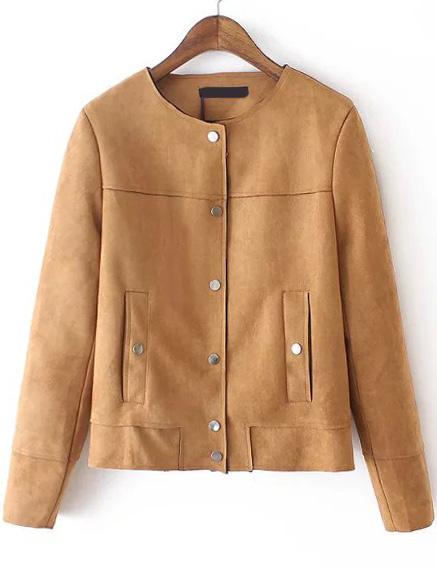 Romwe Round Neck Suede Pockets Khaki Jacket