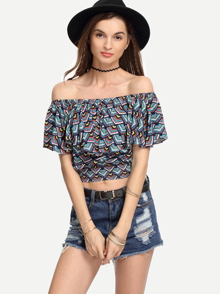 Romwe Blue Ruffled Off-the-shoulder Geometric Print Top