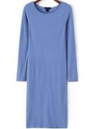 Romwe Round Neck Long Sleeve Slim Blue Dress