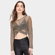 Romwe Glitter Sheer Asymmetrical Hem Tee