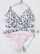 Romwe Flower And Striped Print Mix & Match Wrap Bikini Set