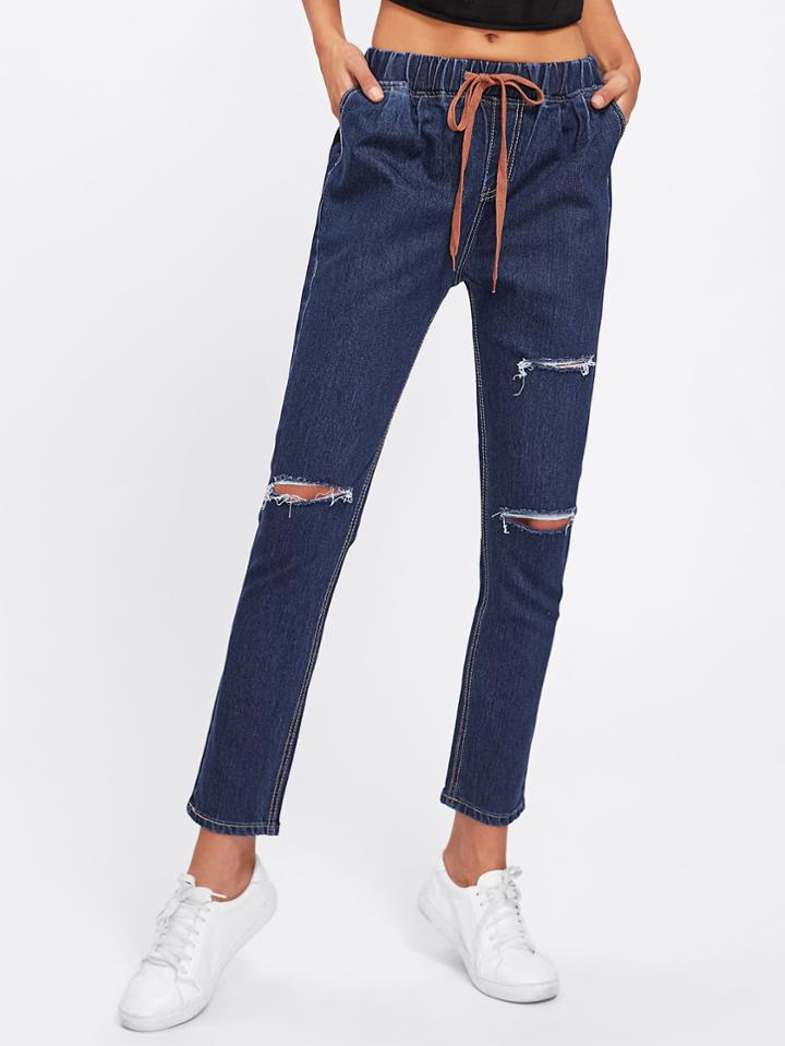 Romwe Knee Rips Drawstring Waist Jeans