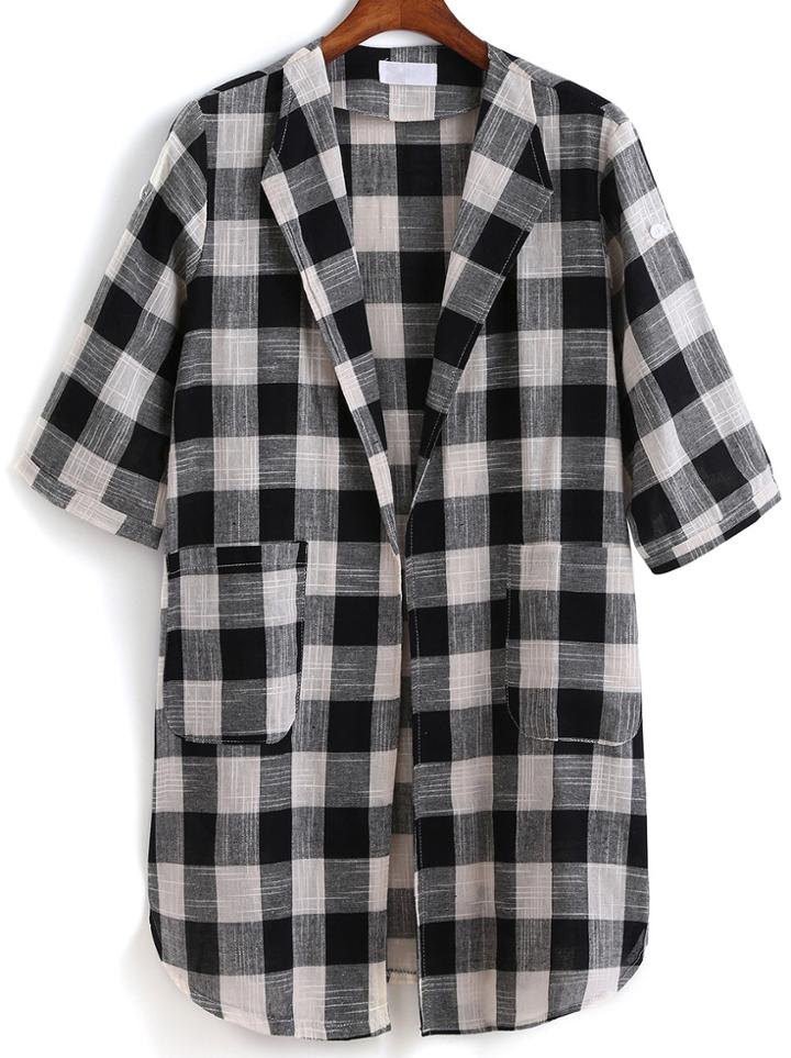 Romwe Lapel With Pockets Plaid Black Blouse