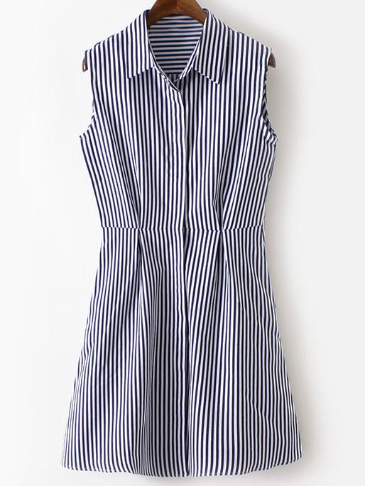 Romwe Multicolor Lapel Sleeveless Buttons Front Stripe Shirt Dress