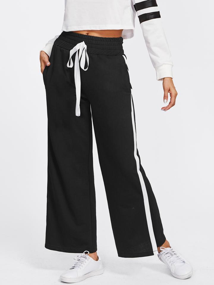 Romwe Contrast Striped Split Side Wide Leg Pants