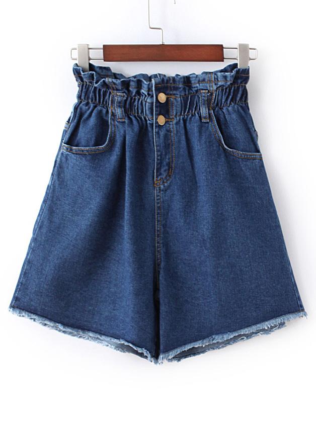 Romwe Dark Blue Button Fringe Hem Denim Shorts