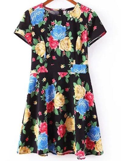 Romwe Flower Print Skater Dress