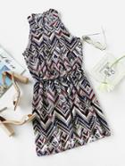 Romwe Geo Print Random Pleated Dress With Belt