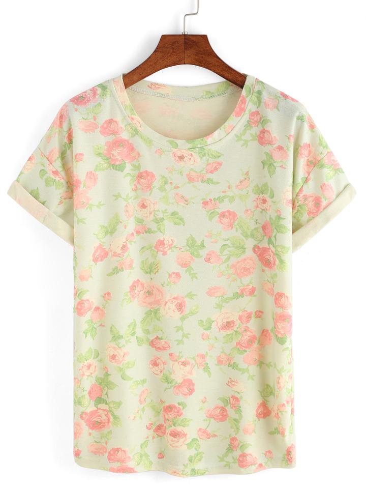 Romwe Rose Print Rolled Sleeve T-shirt