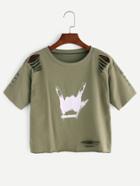 Romwe Army Green Love Gesture Print Ripped T-shirt