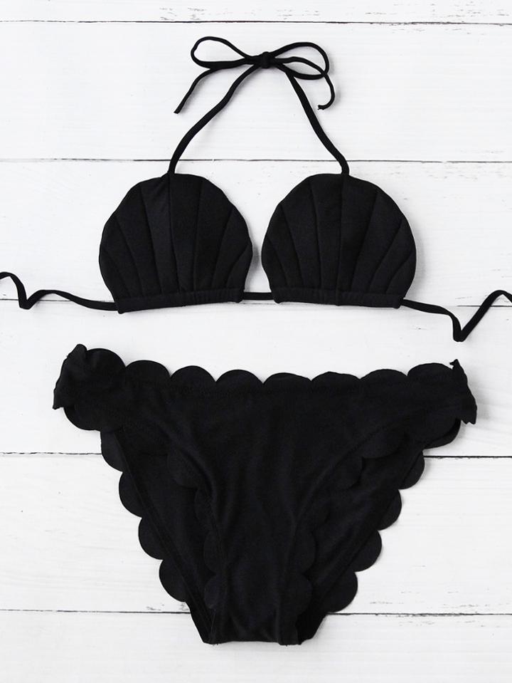 Romwe Shell Shaped Scalloped Trim Bikini Set