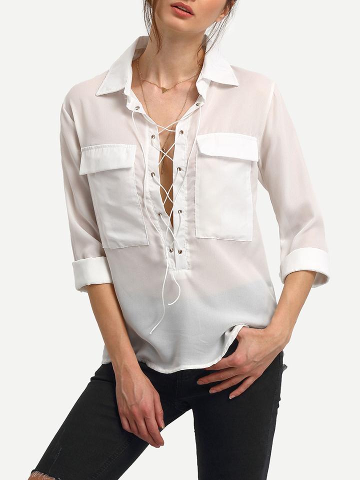 Romwe White Lace-up Pockets Long Sleeve Chiffon Blouse