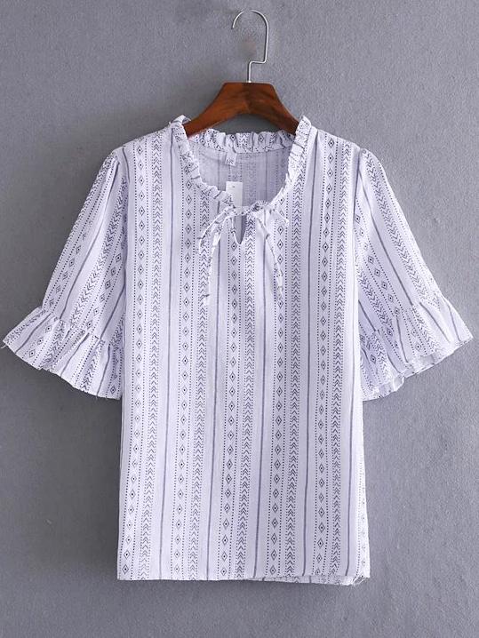 Romwe Navy Striped Tie Bell Sleeve Blouse