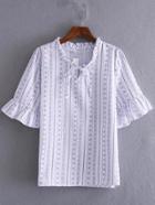Romwe Navy Striped Tie Bell Sleeve Blouse