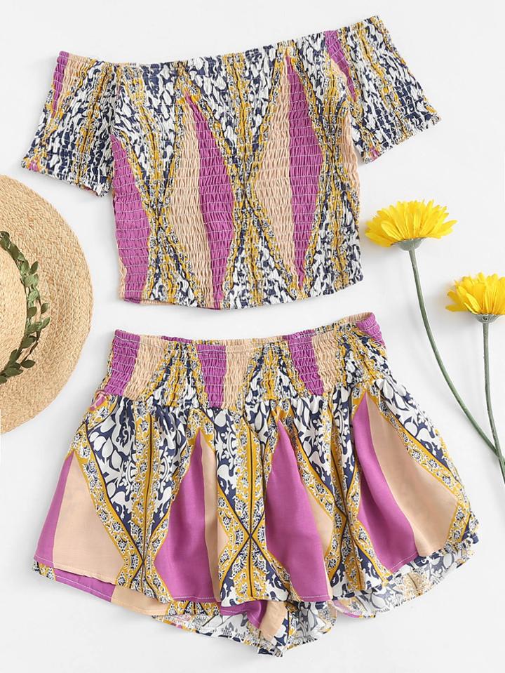 Romwe Off Shoulder Pleated Top With Shorts