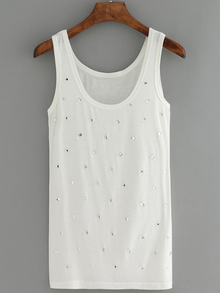 Romwe Round Neck Bead White Tank Top
