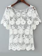 Romwe Hollow Floral Crochet Lace White Blouse