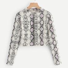 Romwe Snake Print Zip-up Crop Tee