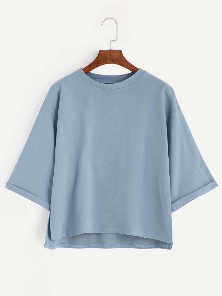 Romwe Blue Drop Shoulder Dip Hem Cuffed T-shirt