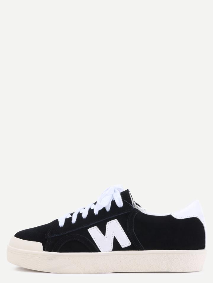 Romwe Black Suede Leather N Patch Lace Up Low Top Sneakers
