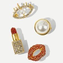 Romwe Eye & Lip Rhinestone Brooch Set 4pcs