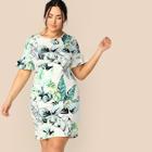 Romwe Plus Bell Sleeve Tropical Print Fitted Dress