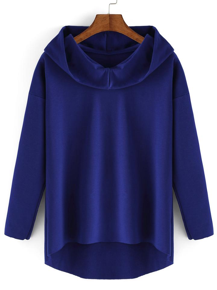 Romwe Hooded High Low Royal Blue Sweatshirt