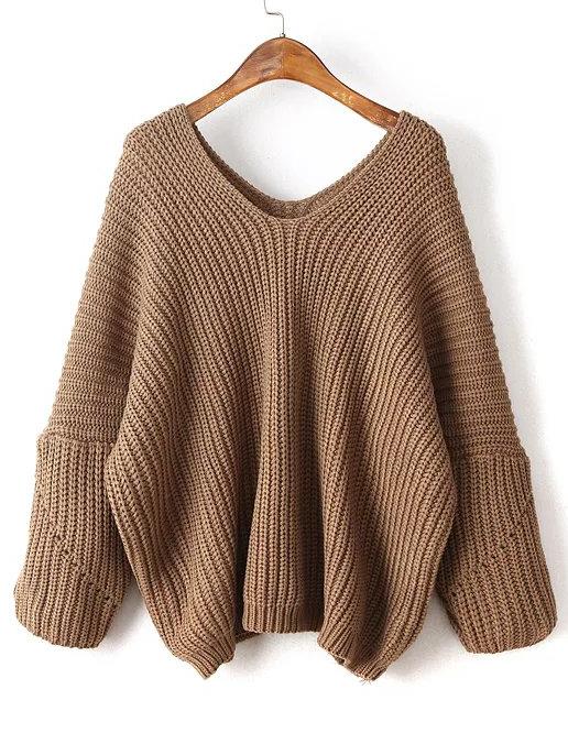 Romwe Coffee V Neck Drop Shoulder Oversized Sweater