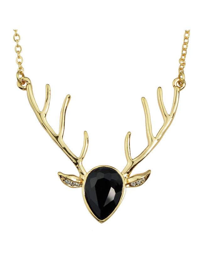 Romwe Black Rhinestone Deer Pendant Necklace
