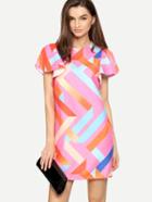 Romwe Multicolor Print Ruffle Sleeve Shift Dress