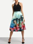 Romwe Green Florals High Waist A-line Skirt