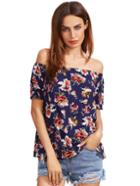 Romwe Multicolor Flower Print Off The Shoulder Blouse