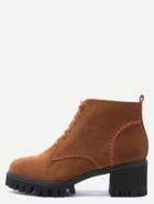 Romwe Khaki Genuine Leather Topstitch Lace Up Chunky Boots