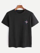 Romwe Black Plane Embroidered T-shirt