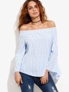 Romwe Blue Off The Shoulder Vertical Striped Bell Sleeve Top