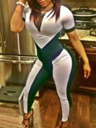 Romwe Short Sleeve Slim White Green Jumpsuit