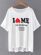 Romwe White Dip Hem Heart Letters Print T-shirt