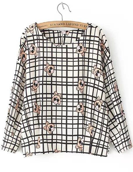 Romwe Black White Round Neck Portrait Print Plaid Blouse