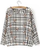 Romwe Black White Round Neck Portrait Print Plaid Blouse