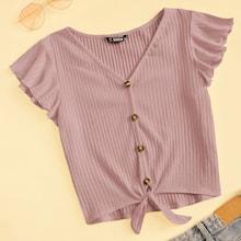 Romwe Ruffle Armhole Knot Hem Rib-knit Tee