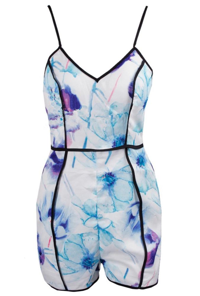 Romwe Spaghetti Strap Blue Floral Contrast Trims Jumpsuit
