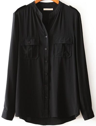 Romwe Epaulet Pockets Dipped Hem Black Blouse